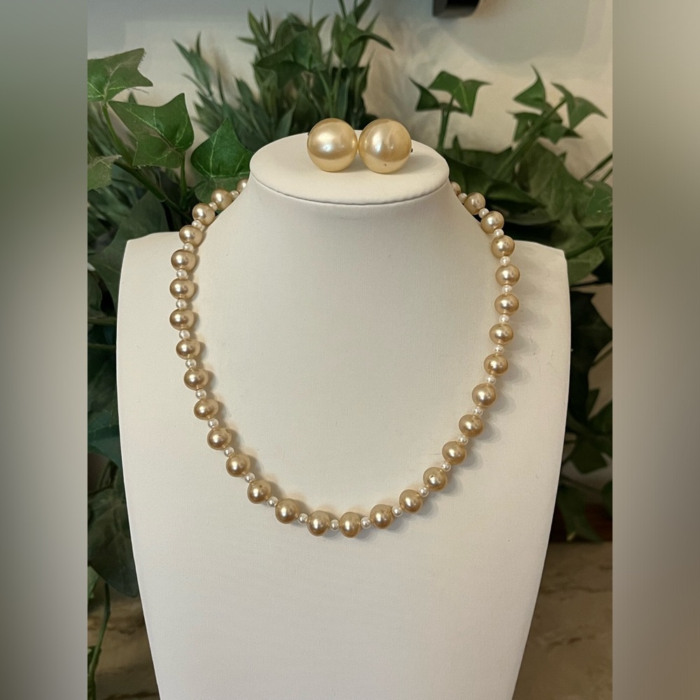 Vintage Glass Pearl 15” Necklace and Screw Back Earrings